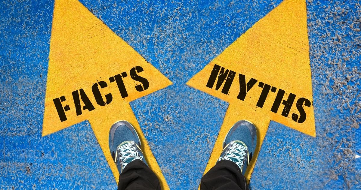 Someone steps on two arrows, one pointing to FACTS and one to MYTHS